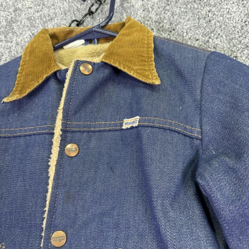 Vintage Wrangler Jacket Kids 10 Blue Denim Sherpa Lined Corduroy Collar Trucker